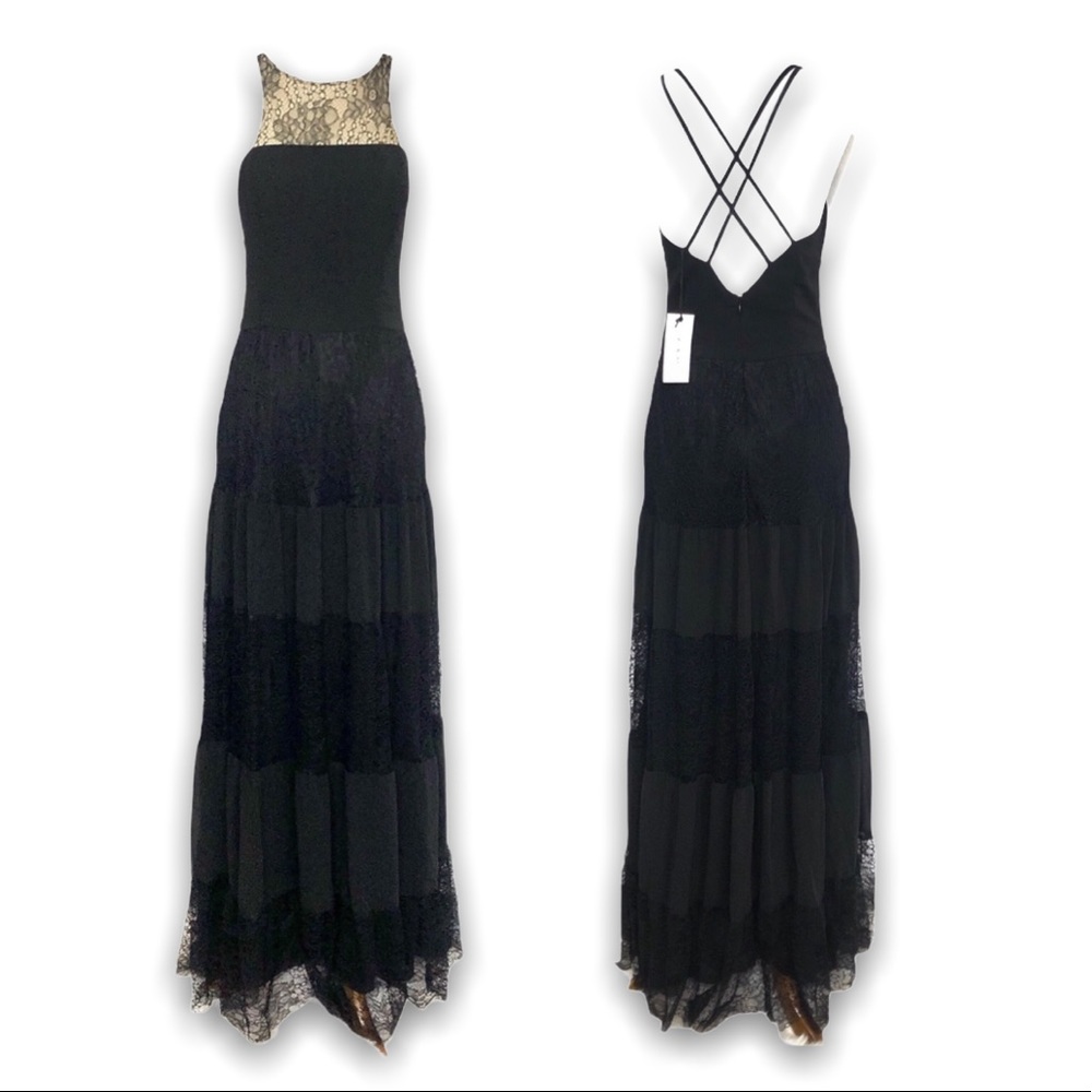 Ali & Jay Black Tan Lace Chiffon Panel A-Line Gown